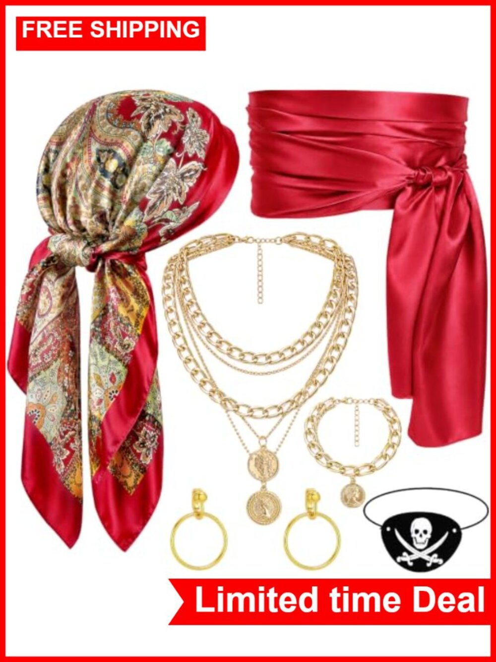 Pirate Costume Accessory Set 6pc Bandana Eye Patch Earrings Necklace Bracelet